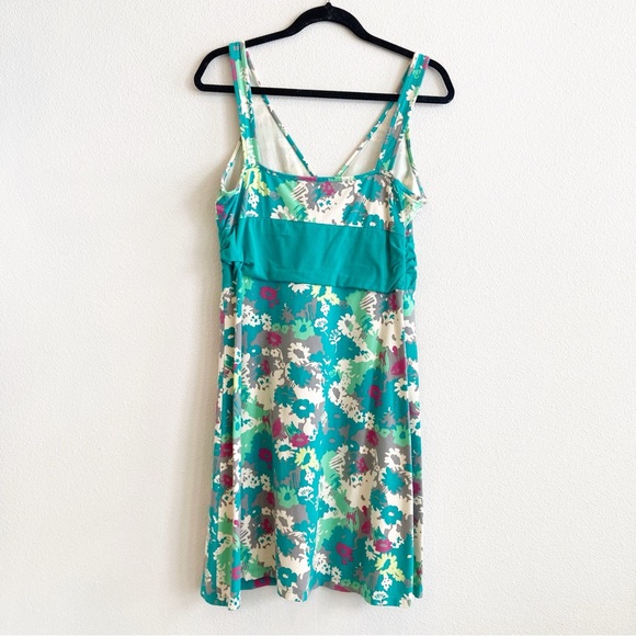Patagonia Floral Sundress Teal Green Organic Cotton Stretch V Neck Active Large - Picture 2 of 6